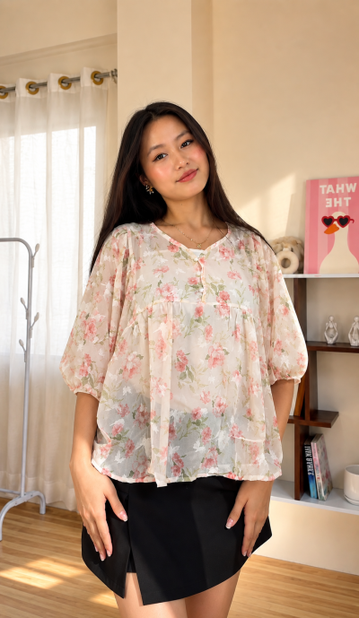 Sheer Floral Puff-Sleeve Babydoll Top