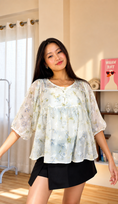 Sheer Floral Puff-Sleeve Babydoll Top
